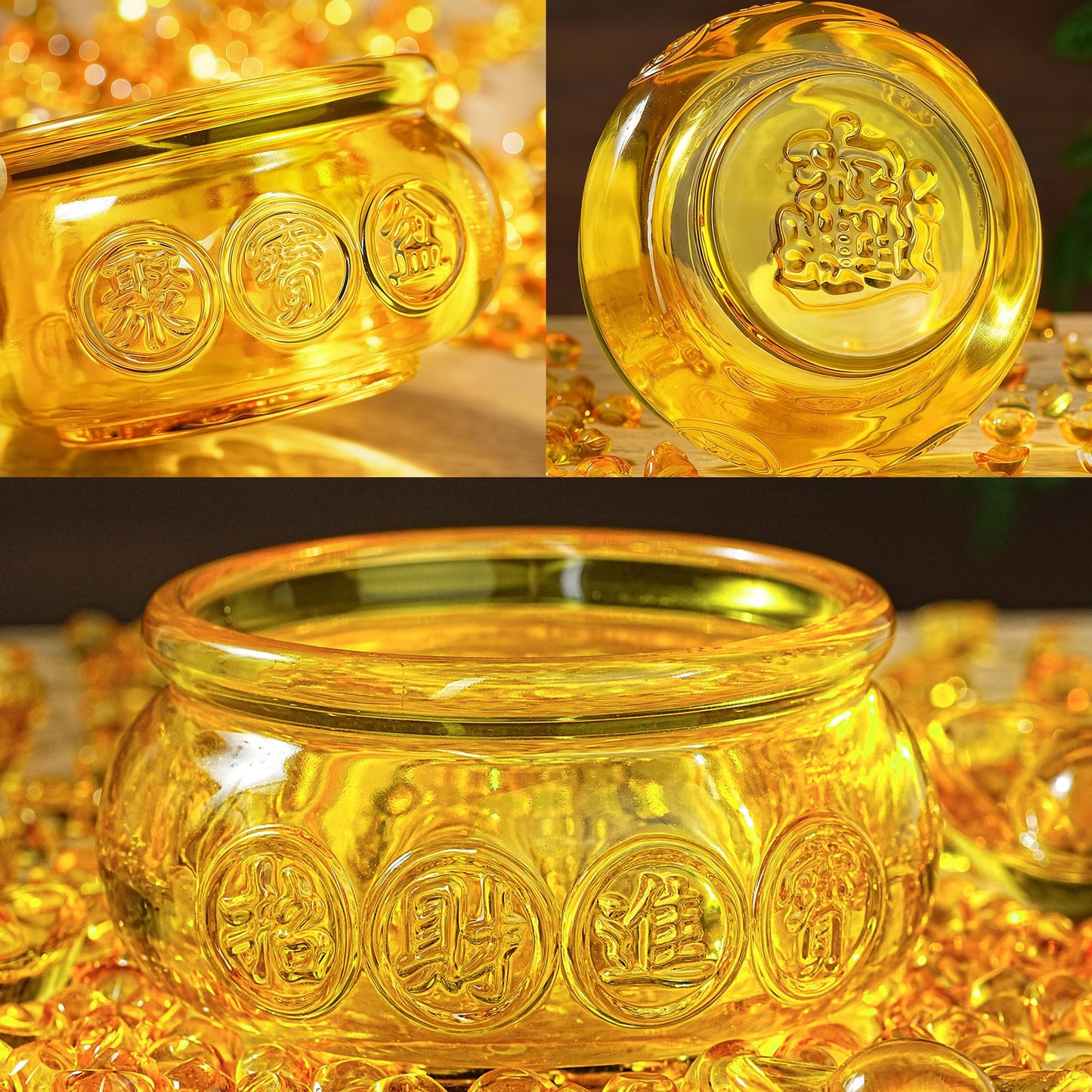 YU FENG 4.7'' Crystal Glass Wealth Bowl with Gold Ingots, Large Wealth Symbol Decor, Prosperity Ornament, Lucky Gift for Home Office Desk Decoration