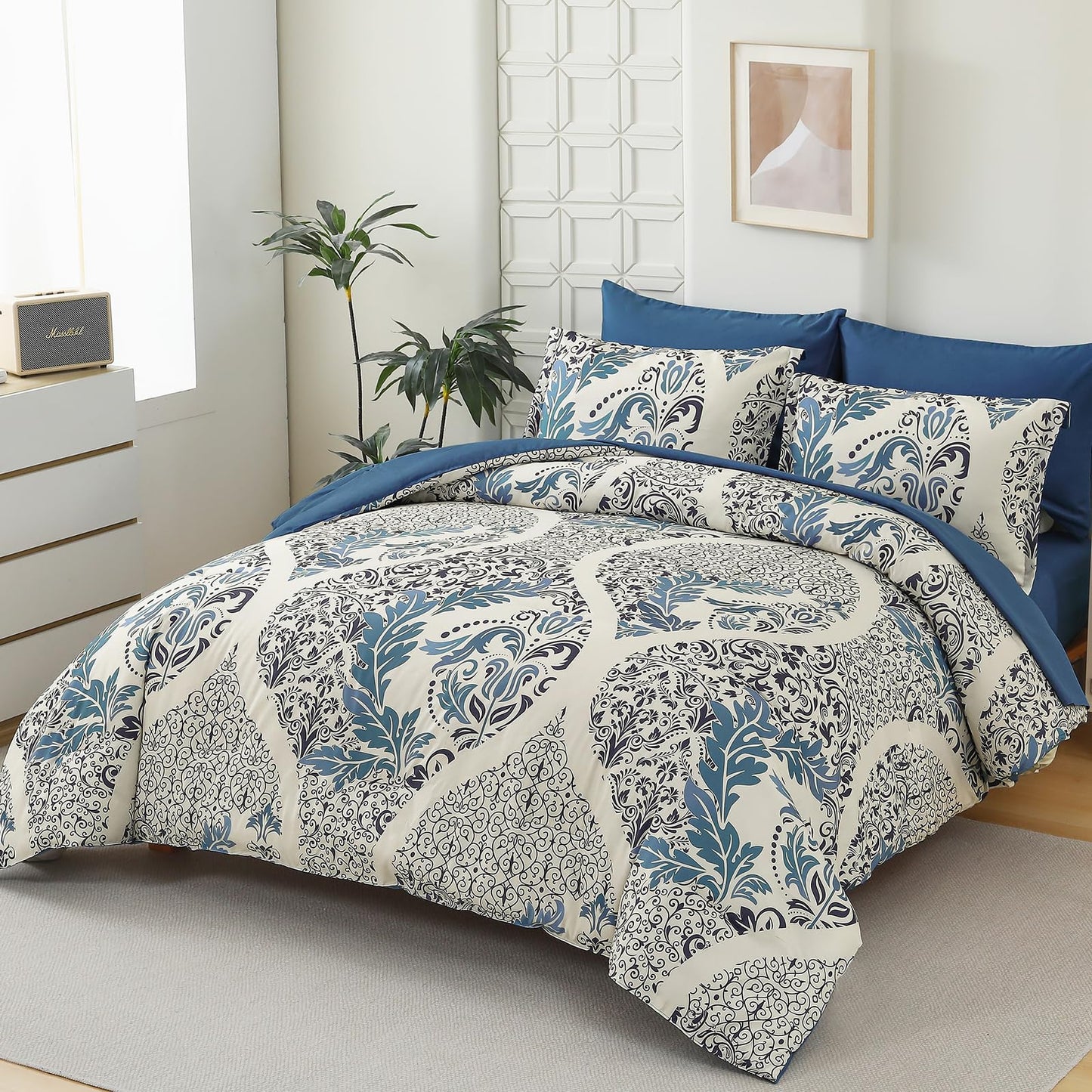 Anibedding Blue Comforter Set King Size, 7 Pieces Bohemian Damask Comforter Set Soft Lightweight Microfiber Bedding Set for All Season (104"x90")