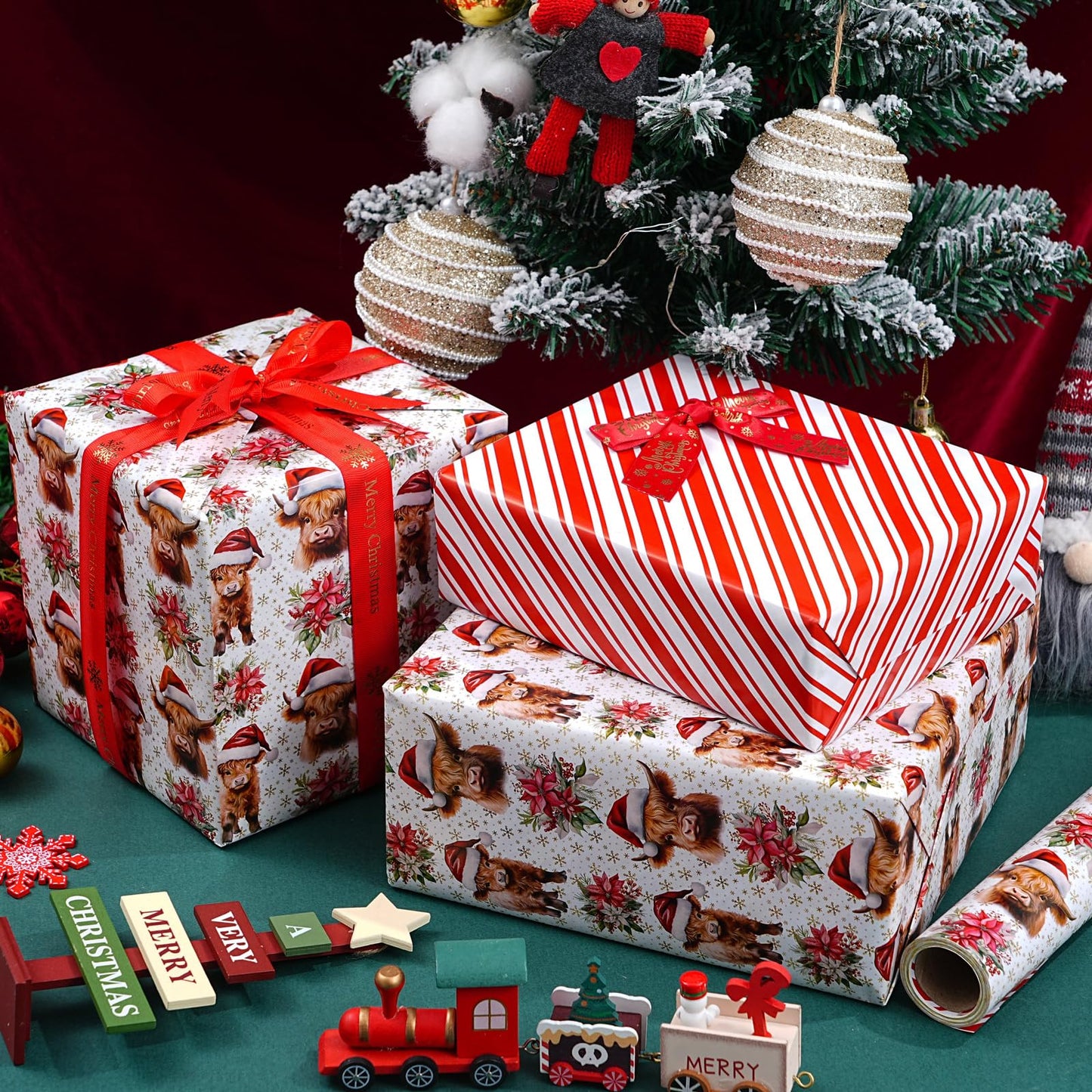 ZINTBIAL Highland Cow Reversible Christmas Wrapping Paper Roll - Gift Wrap with Red & White Stripes on Reverse - Perfect for Holidays, Birthdays, and Halloween - 17.5 in x 33 ft (48 sq. ft)