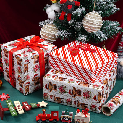 ZINTBIAL Highland Cow Reversible Christmas Wrapping Paper Roll - Gift Wrap with Red & White Stripes on Reverse - Perfect for Holidays, Birthdays, and Halloween - 17.5 in x 33 ft (48 sq. ft)