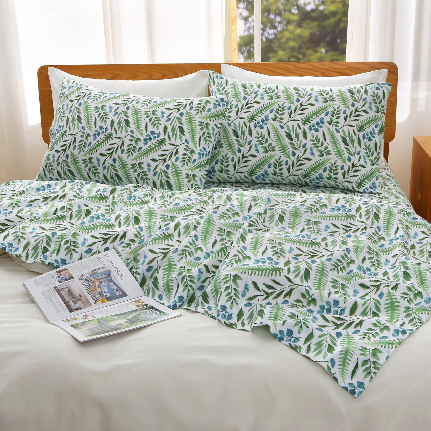 Viviland Queen Bed Sheet Set - 4 Piece Double Brushed Microfiber Bedding - Deep Pocket Up to 15", Ultra Soft, Breathable & Wrinkle Resistant Skin-Friendly Cooling Sheets for Adult - Verdant Breath(Q)