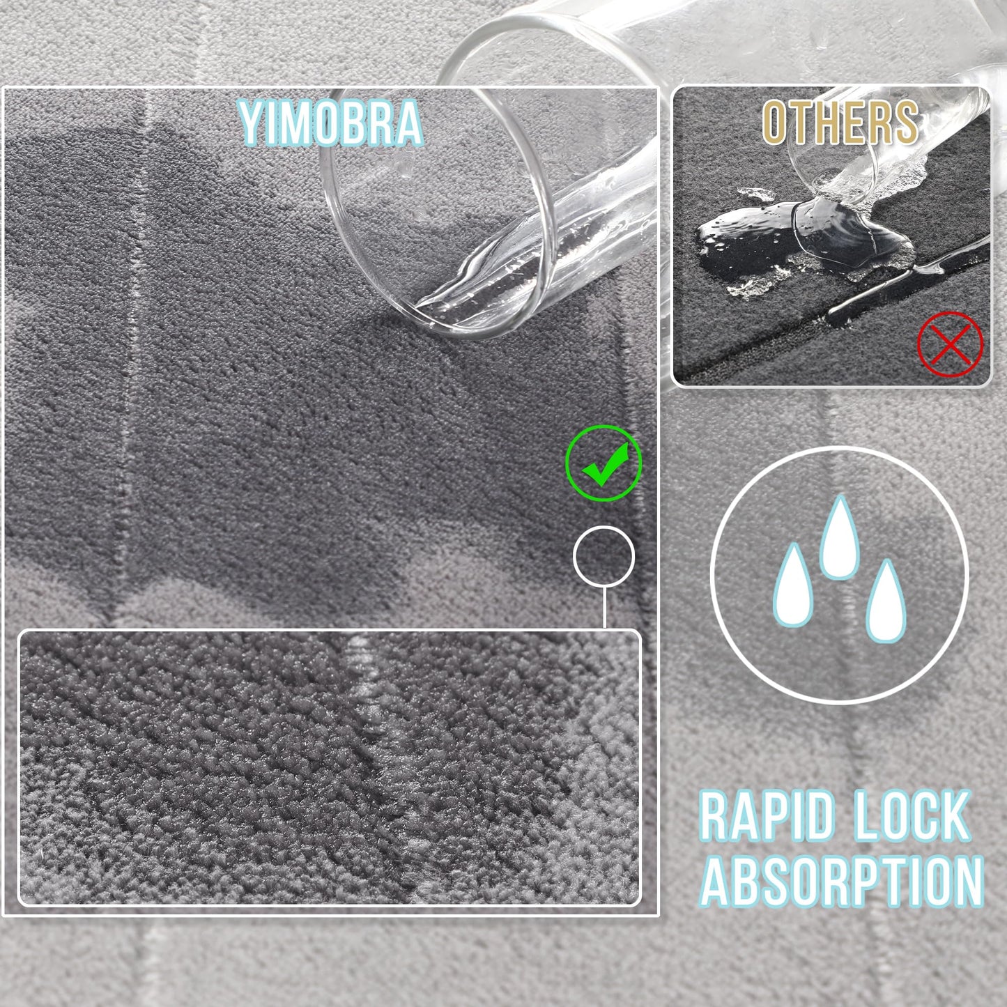Yimobra Memory Foam Bath Mat, Soft and Comfortable, Super Water Absorption, Non-Slip, Thick, Machine Wash, Easier to Dry for Bathroom Floor Rug, 43 x 61 cm, Gray