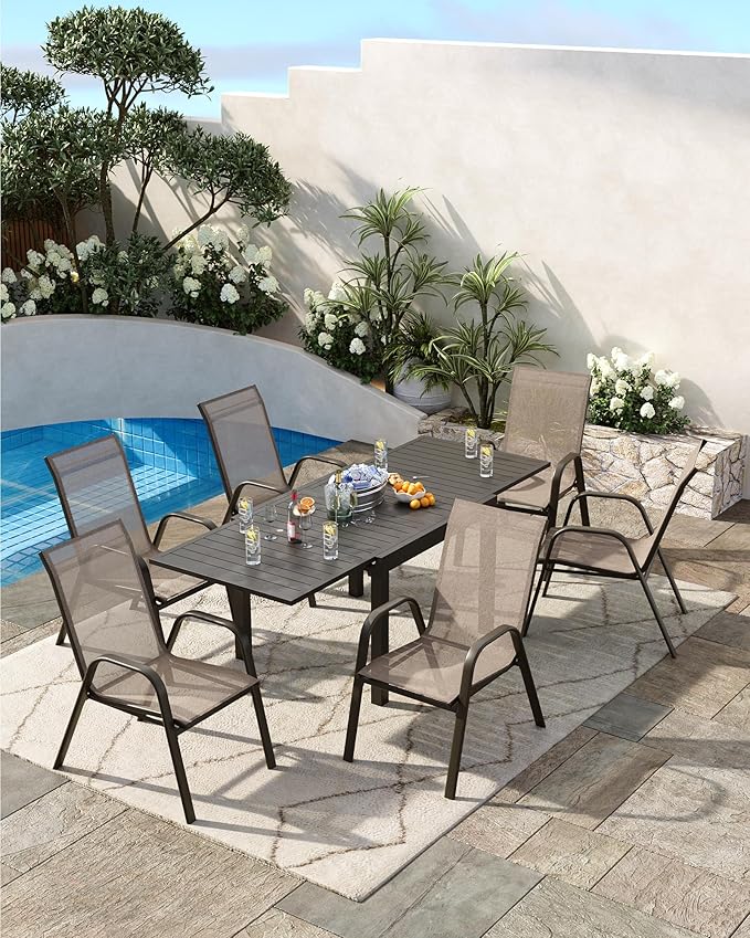Outdoor Stackable Dining Chairs Set of 4, High-Back Patio Stacking Chairs, Patio Chairs with Textilene Farbic & Metal Frame for Lawn Backyard Deck Garden,Brown
