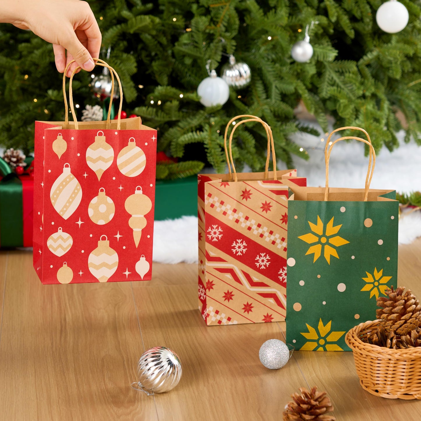JOYIN 24 PCS Christmas Kraft Bags Holiday Paper Goody Gift Bags with Handles for Xmas Gifts Wrapping Party, Giant Gifts Decorations, Classrooms and Party Favors (Red+Green, 8.27" x 5.91" x 3.15")