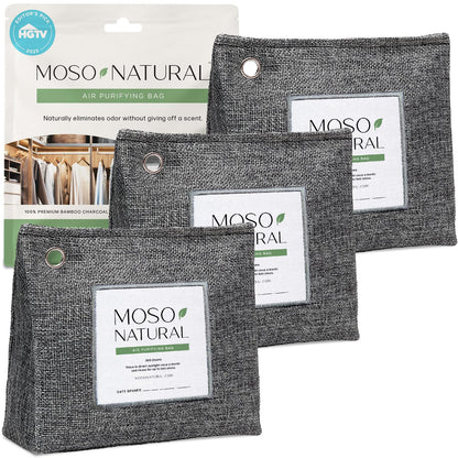 Moso Natural Air Purifying Bag 300g (3 Pack). A Scent Free Odour Eliminator for Closets, Bathrooms, Laundry and Pet Areas. Premium Moso Bamboo Charcoal