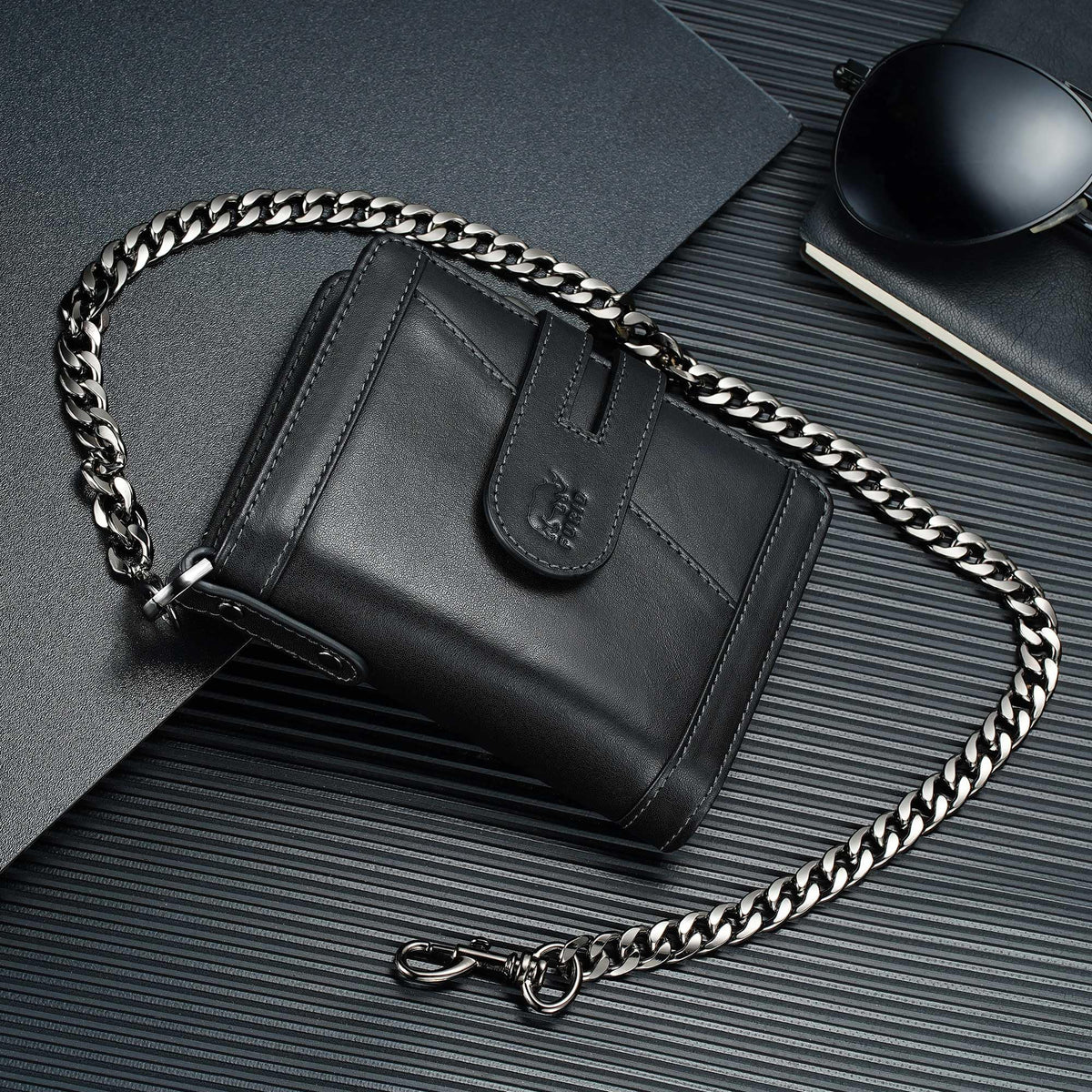 furid Genuine Leather Chain Wallet: Bifold Zipper Coin Pocket with Anti-Theft Chain - RFID Blocking Biker Wallet for Men - Gift for Father Husband Motorcycle Outdoor Use