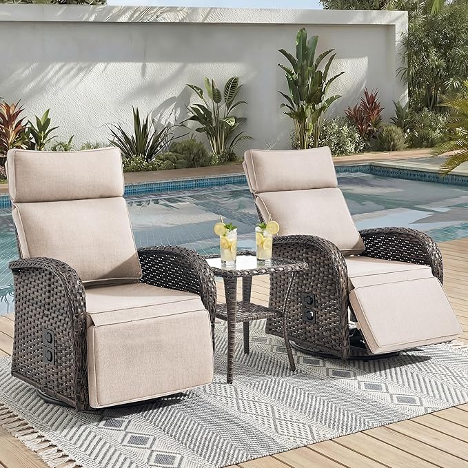 3 Pieces Zero Gravity Patio Swivel Rocking Recliner Chairs Set of 2 - Wicker Outdoor Lounge Chair with Side Table, Adjustable Backrest & Footrest, High Back Outdoor Recliner Chair for Pool Deck Beige