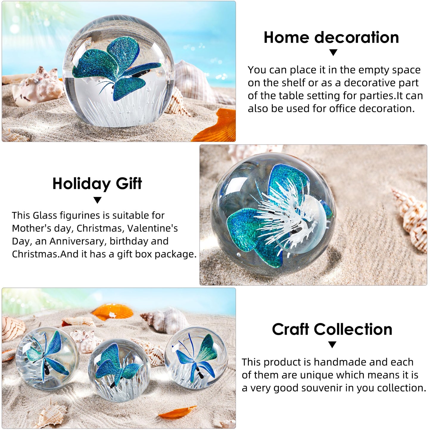 EUSTUMA Hand Blown Glass Butterfly Paperweight for Office Desk,Home Decor Collectible