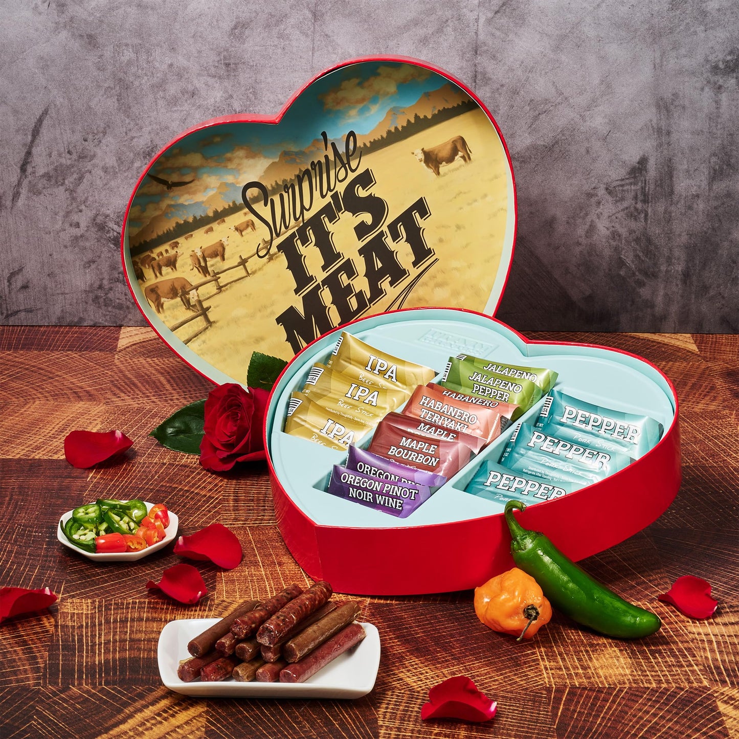 Valentine’s Day Gift for Men – Meat Heart with 14 Beef & Pork Sticks – Heart-Shaped Meat Snack Box for Him, Boyfriend, Husband