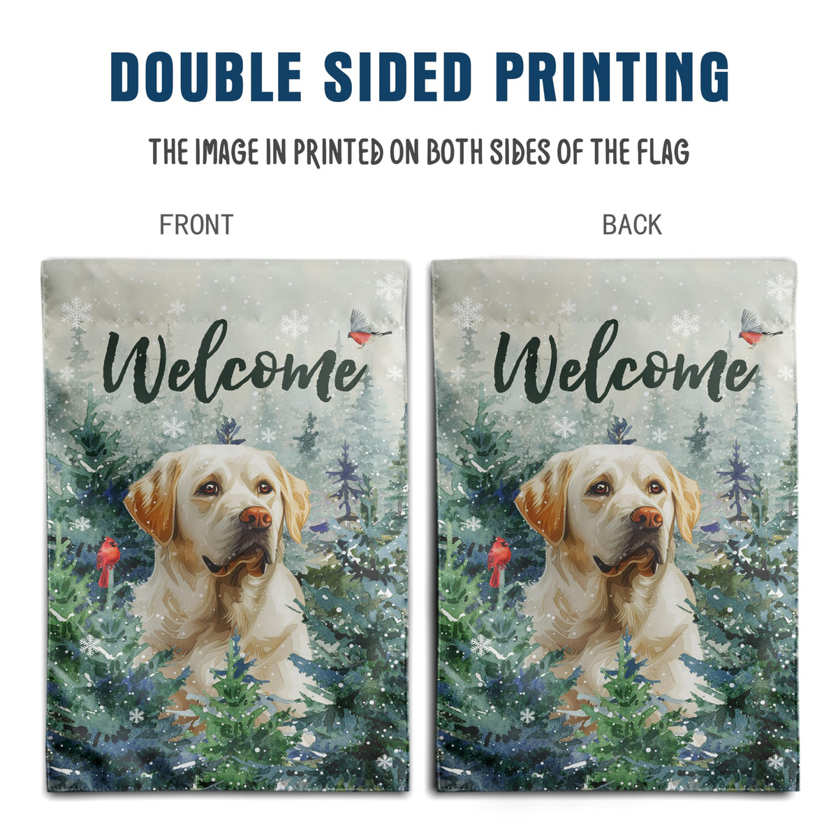 Welcome Winter Garden Flags White Lab Garden Flag Cardinal Birds on Snowy Pine Tree Flag Labrador Dog Yard Flags for Outside 12x18 Double Sided Christmas Decorative Lawn Flags