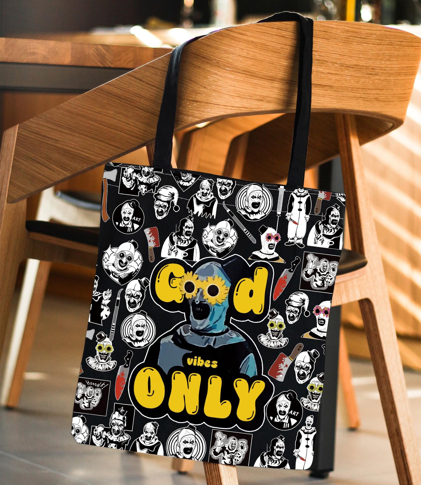 ENSIANTH Sunflower Glasses Clown Tote Bag Horror Slasher Serial Killer Movie Lover Gift Scary Halloween Thriller Handbag (Good Vibes bag)