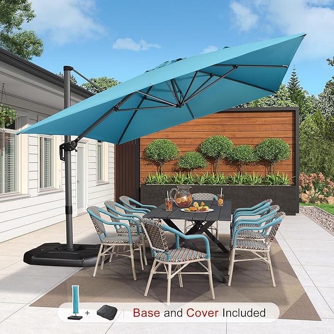 PURPLE LEAF 10'×13' Patio Umbrella with Base Included and Cover Outdoor Umbrella with Cover Extra Large Heavy Duty Cantilever Umbrella Turquoise Blue