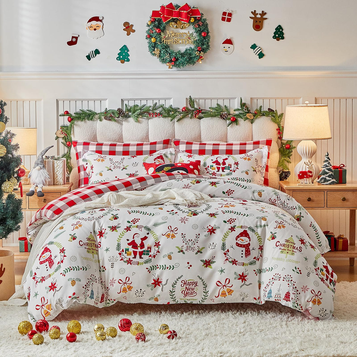 Joyreap 3pcs Christmas Duvet Cover Set King, Xmas Wreaths and Santa Claus Design Comforter Cover Set, Includes 1 Duvet Cover and 2 Pillow Shams