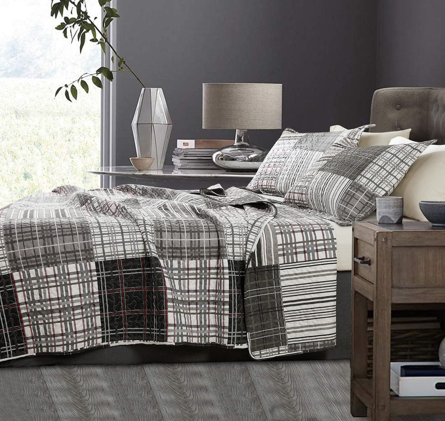 Bedspread Set Queen/Full Size Quilt Set Plaid Bed Spread Coverlet Black White Grey Plaid Patchwork Stripe Modern Quilt Bedspread Bedding Soft Lightweight Reversible Home Mens Quilts for Queen Bed
