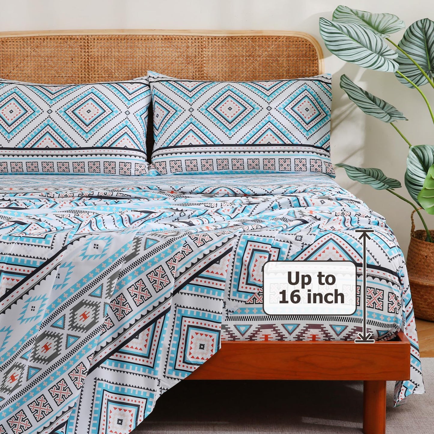 CozySmile 4 Pieces King Sheet Set Bohemian, Boho Sheets Soft Microfiber Deep Pocket, Western Sheets Geometric(King, Turquoise Geometric)