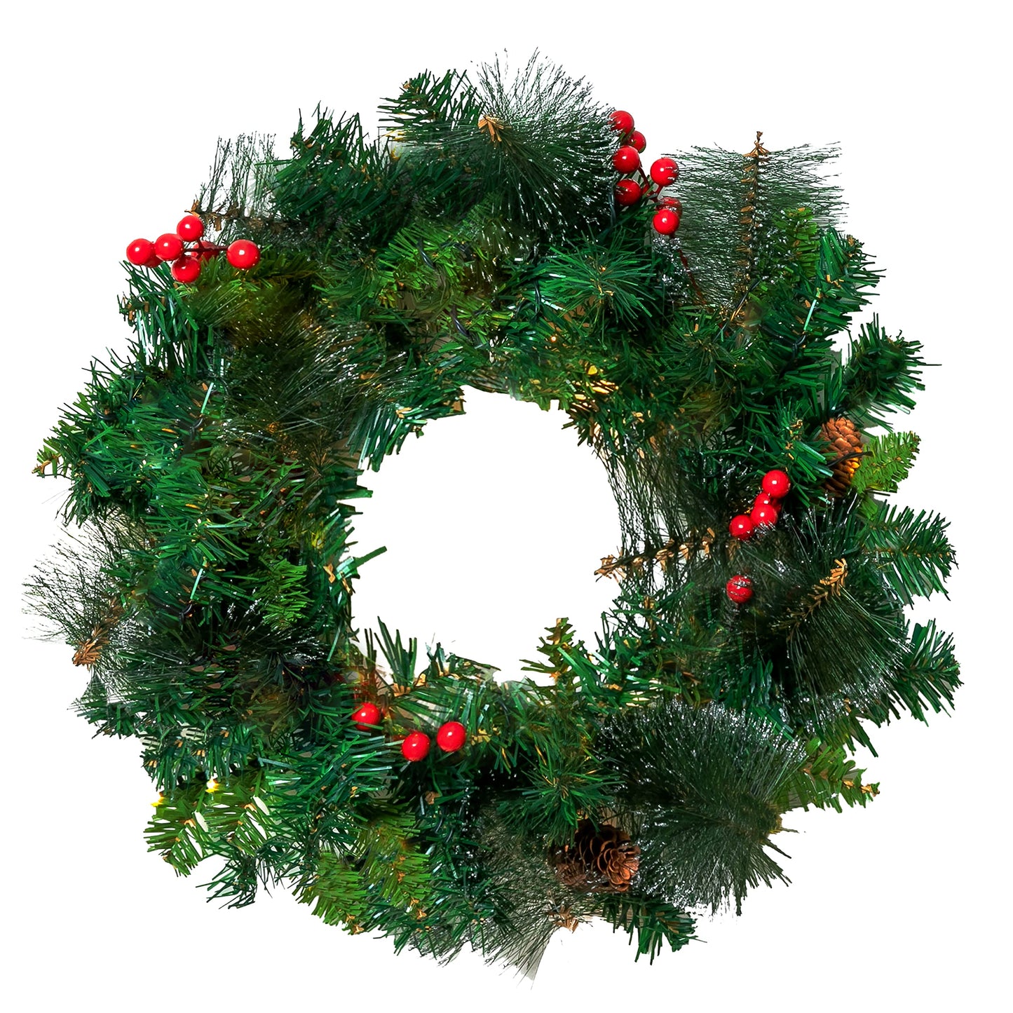 Joiedomi 20” Artificial Christmas Wreath Prelit with 15” Hanger, Decorated with 50 LED Lights, Red Berries, Pine Cones Glitter Pine Needles for Front Door Wall Christmas Decorations (Battery Operated)