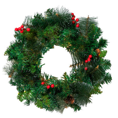 Joiedomi 20” Artificial Christmas Wreath Prelit with 15” Hanger, Decorated with 50 LED Lights, Red Berries, Pine Cones Glitter Pine Needles for Front Door Wall Christmas Decorations (Battery Operated)