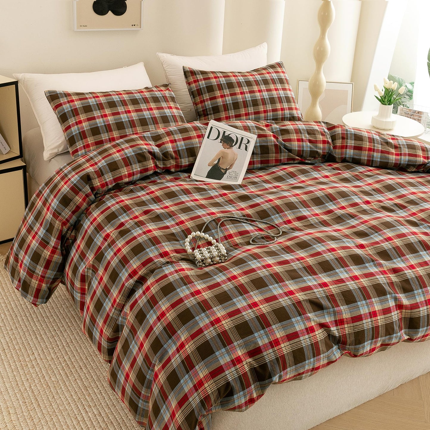 ECOCOTT Buffalo Plaid Duvet Cover Queen Size– 3 Piece Washed Cotton Bedding Set with Classic Checkered Pattern, Red & Brown Duvet Cover with Pillowcases for All Seasons
