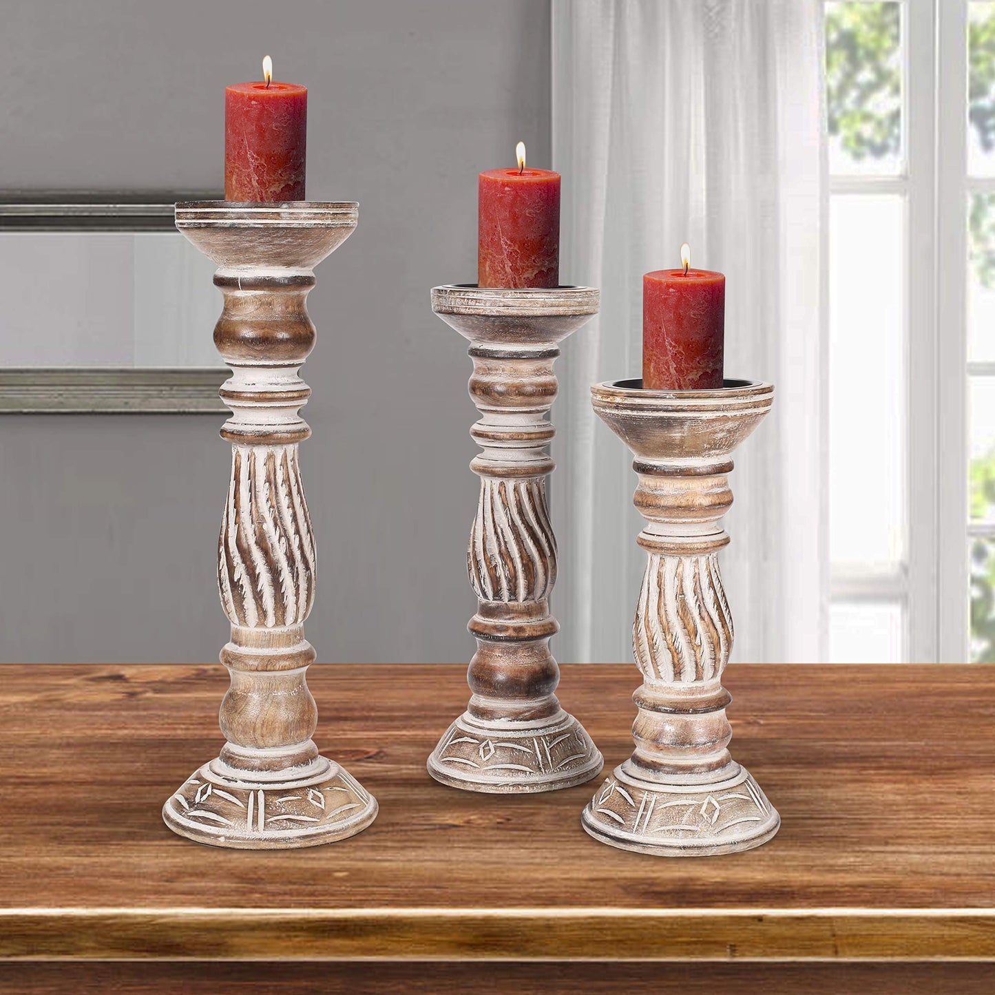 Wooden Candle Holders Set of 3, (Colour - Natural Finish, Size -14",12",10") Wood Candal Holder, Wooden Candle Holder, Unity Candle Holders, Rounded Turned Colums, Country Style Idle Gift for Wedding