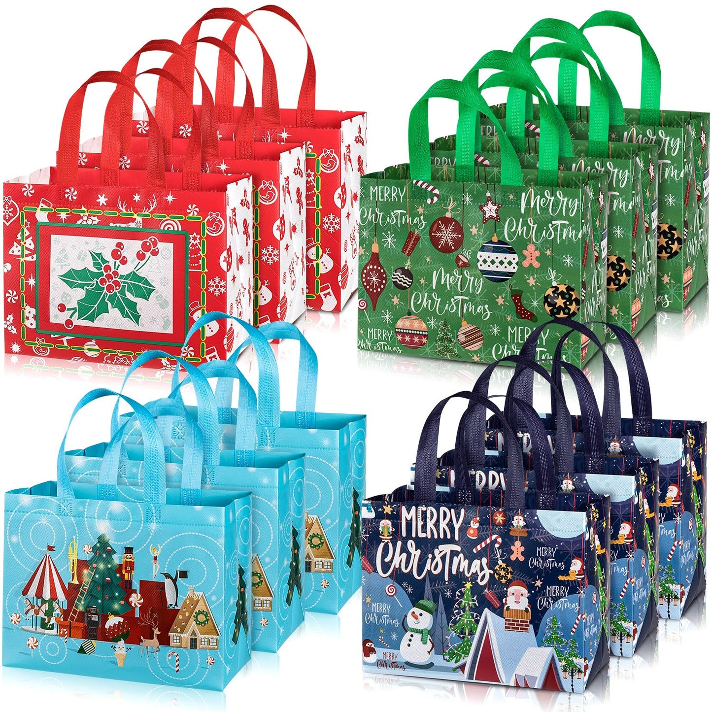 Whaline 12 Pack Large Christmas Gift Bags Reusable Non-Woven Tote Bags with Handles Christmas Grocery Shopping Totes for Holiday Xmas Gifts Party Favors, 12.8" x 9.8" x 6.7"