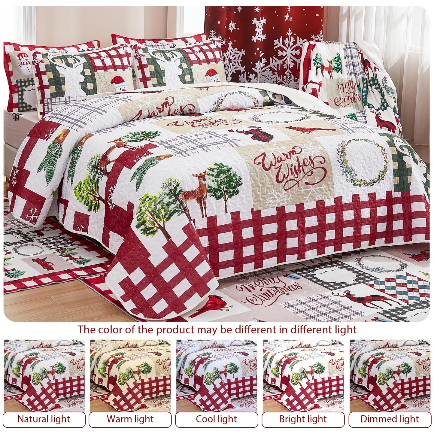 WONGS BEDDING Christmas Quilt Set King Rustic Christmas Tree Snowman Cardinal Holiday Wreath Pattern Bedding Solid Bedspread Coverlet with 2 Pillow Shams for All Season, Soft Microfiber Quilt 103"x90"