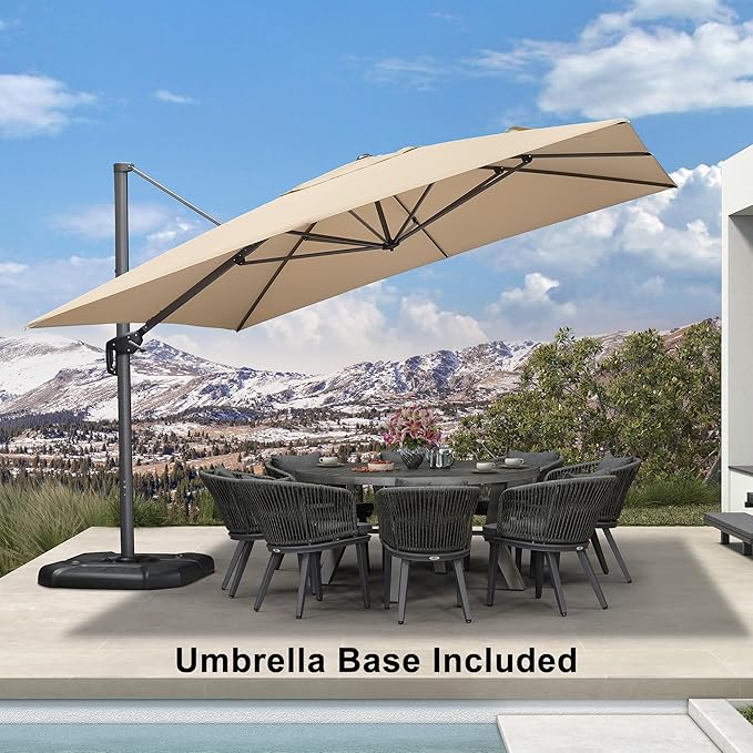 PURPLE LEAF 11.5' X 11.5' Telescopic Patio Umbrella with Base Included Lifting Cantilever Offset Square Large Umbrella for Pool Outdoor Patio Deck Garden Beige