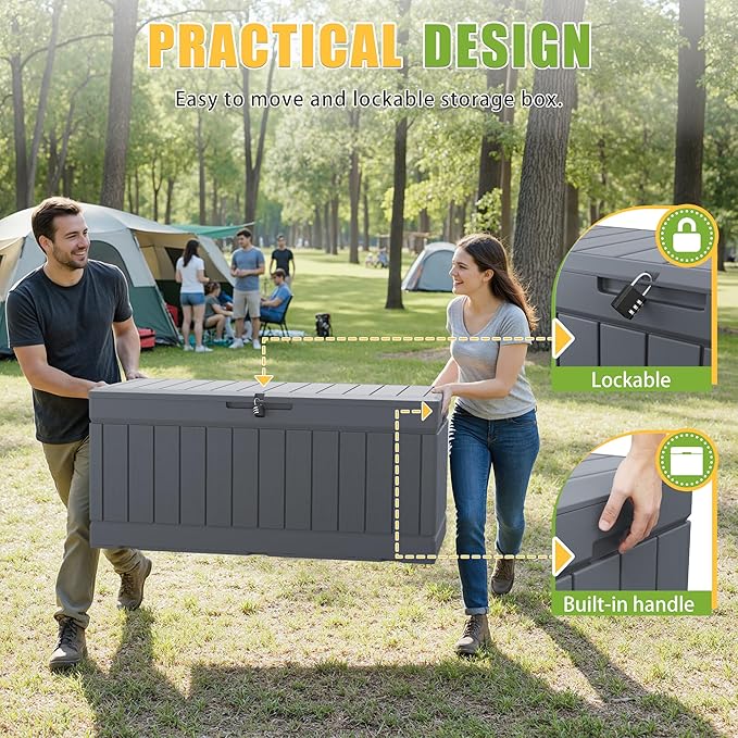 Greesum Outdoor Storage Box 82 Gallon Storage Bin with Lid for Patio Furniture, Garden Tools, Pool Supplies, Waterproof and UV Resistant, Lockable, Gray