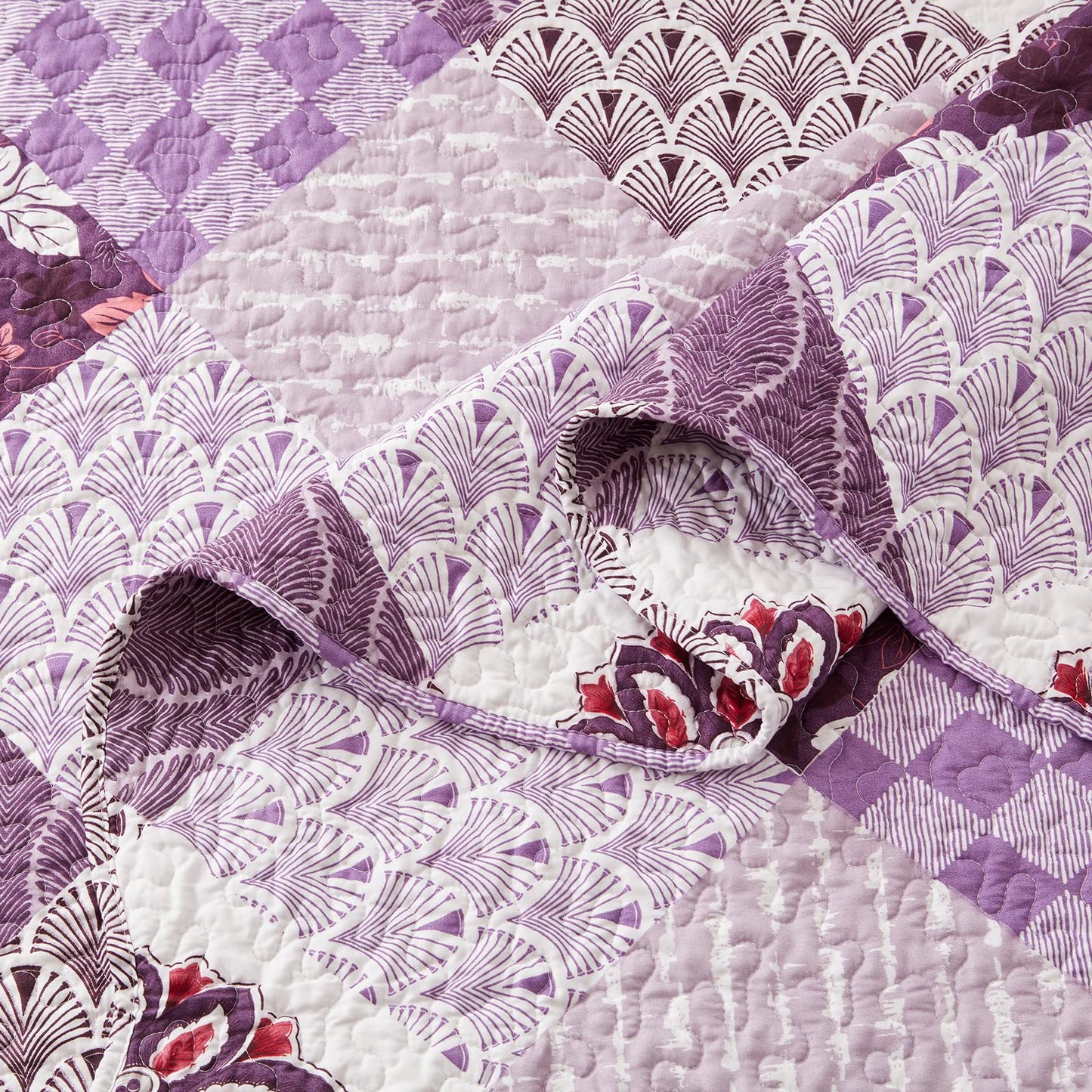 Full/Queen Size Quilt Set 3 Piece Lightweight Reversible Bedspread-90''x98'' Soft Patchwork Floral Coverlet Luxurious Warm Microfiber Bed Cover All Seasons Purple Bedding Set(1 Quilt,2 Pillow Shams)