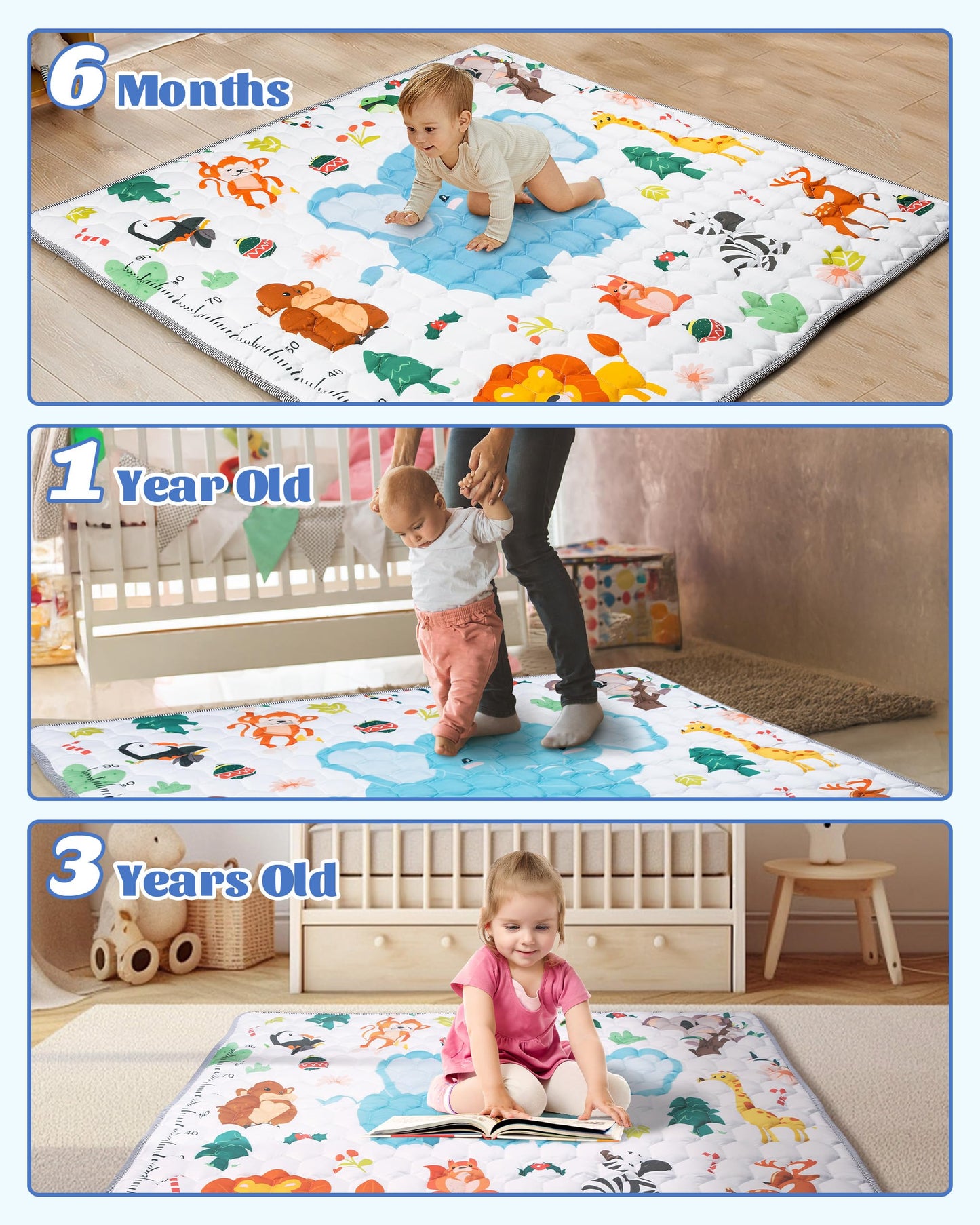 Funsland Baby Play Mat, Foldable Kids Playmat, Cotton Baby Play Mats for Floor, 127x127cm Soft Baby Crawling Mat Pollution-Free, Non-Slip Baby Activity Play Mat for Toddlers 1 2 3 Years Old, Animal