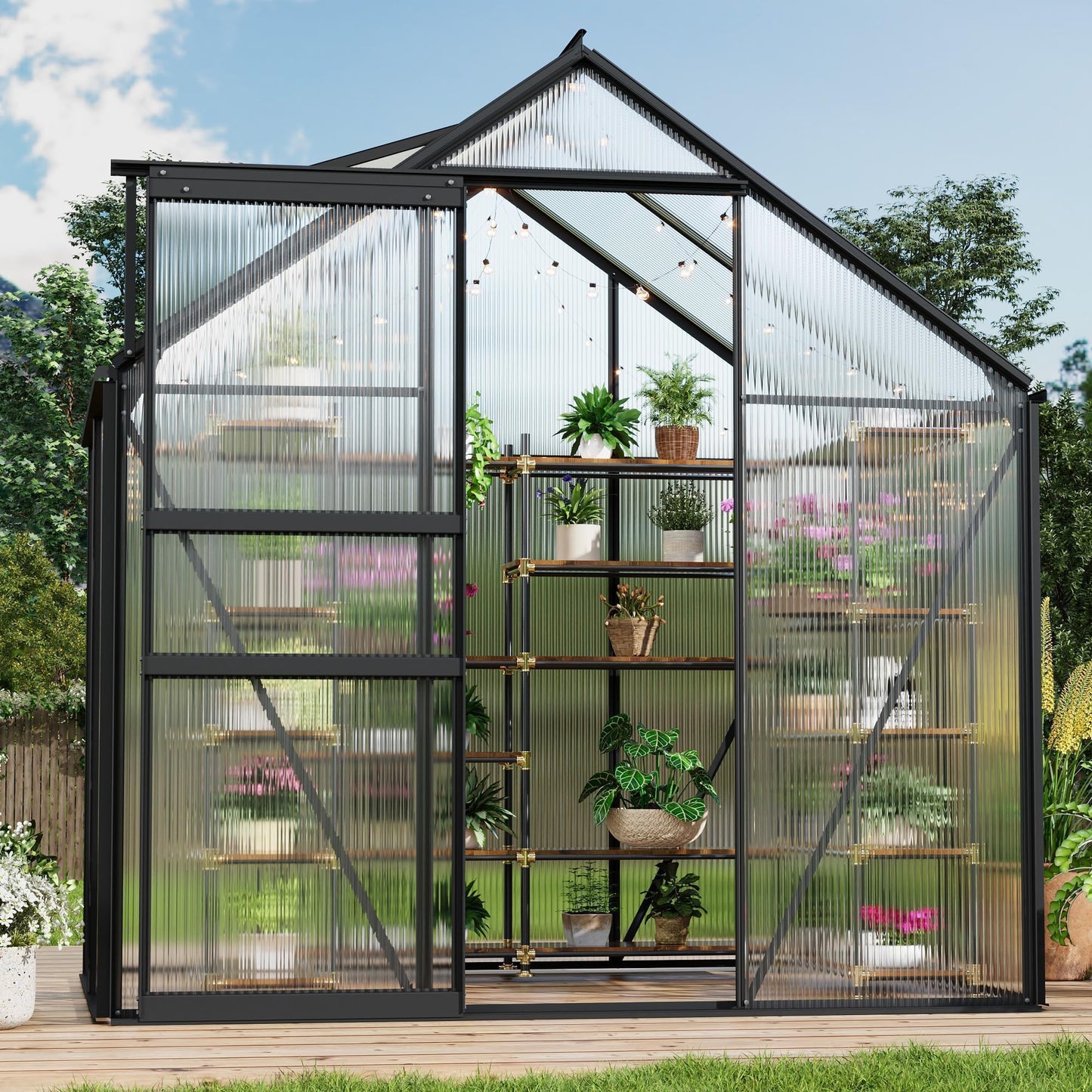 COZONY Heavy Duty Aluminum Frame Walk-in Greenhouse, 6x4 FT Polycarbonate Panels - Sliding Door, Adjustable Roof Vent, Rain Gutter - Sturdy Outdoor Greenhouse for Backyard, Patio, Garden - Color: