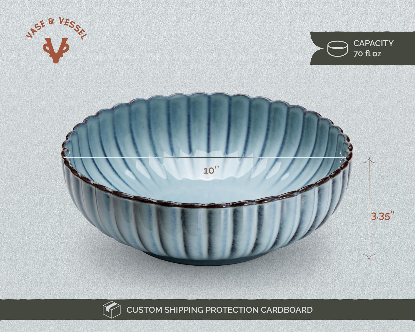 Serving Bowls, Durable Ceramic, Large, Microwave and Dishwasher Safe, Scalloped Shell Shape, Ombre Blue, 70 oz, Set of 2, Tidal Collection