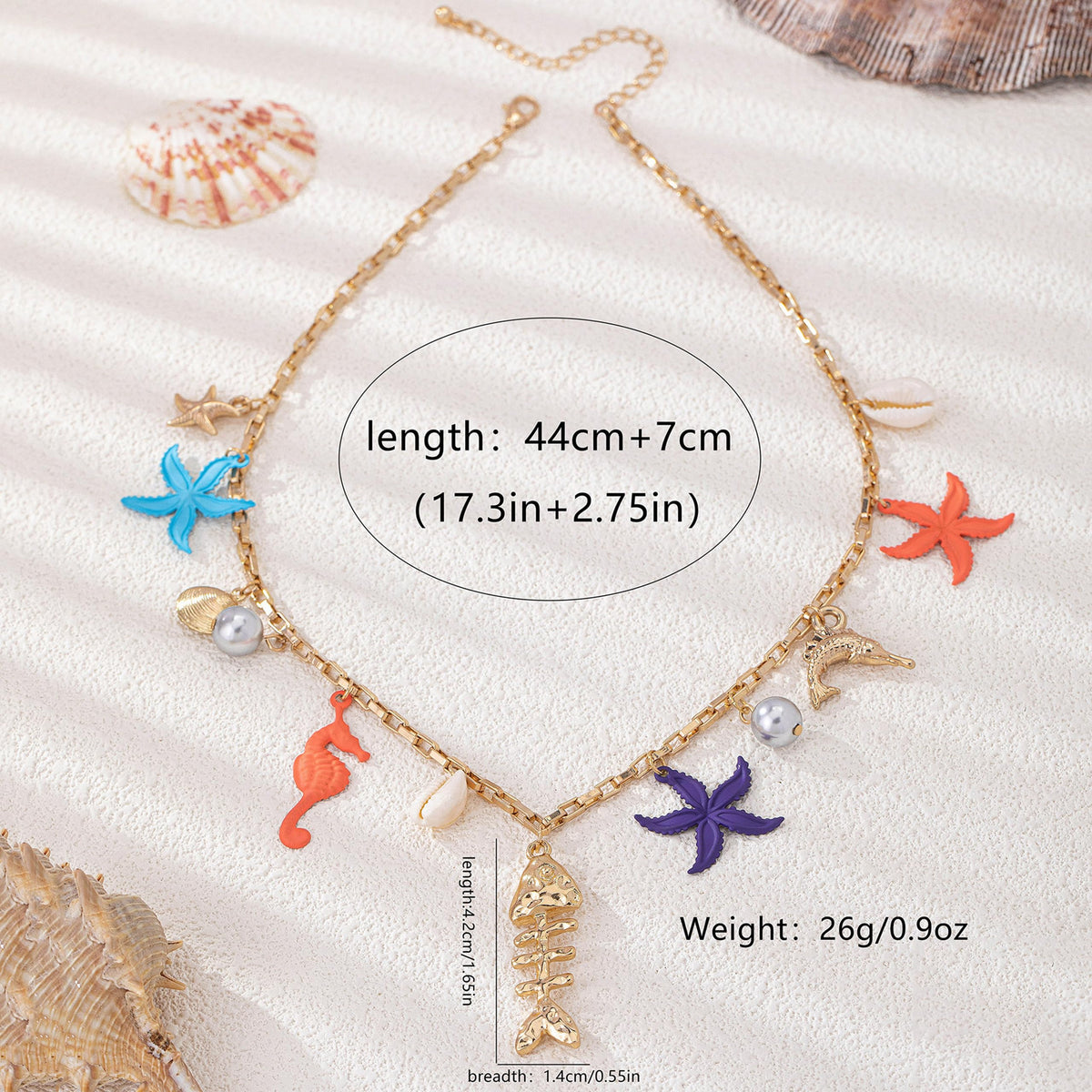 Gold Fish Charm Necklace for Women Shell Starfish Dolphin Seahorse Fishbone Pearl Seashell Pendant Necklace Fashion Trendy Chic Ocean Beach Summer Holiday Jewelry (Multicolour)