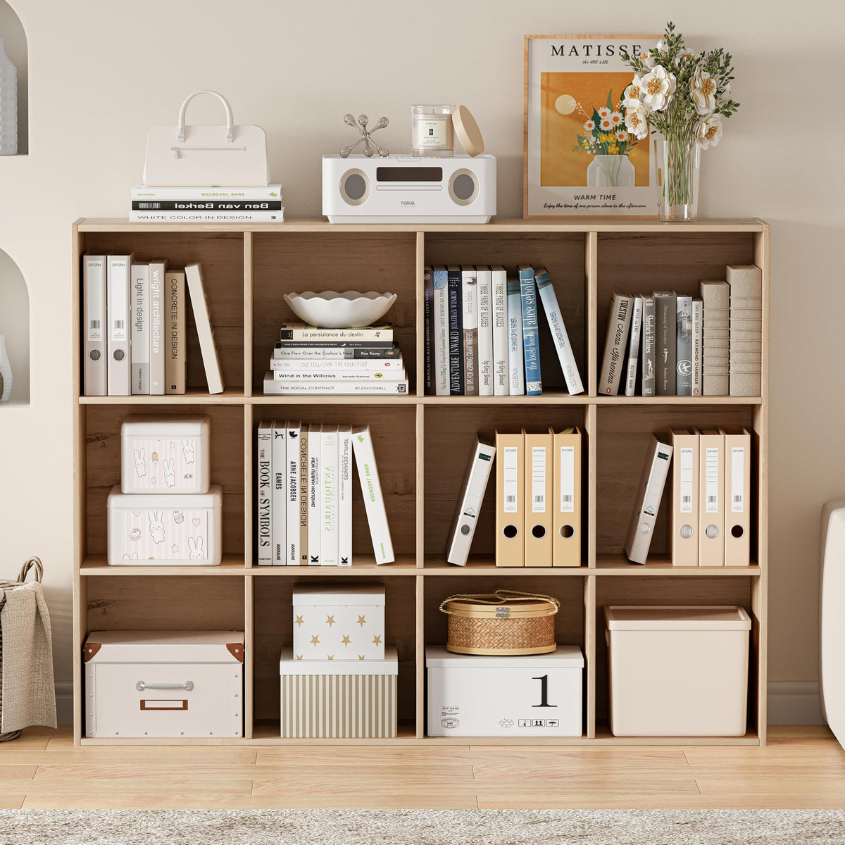 VDNEND Wooden Cube Storage Organizer with Closed Back Panel, 11in Cube Shelf Opening, Bookshelf, Display Shelf,Closet Cabinet for Home and Office (White Oak, 12-Cube 35.98L*9.45W*47.72H)