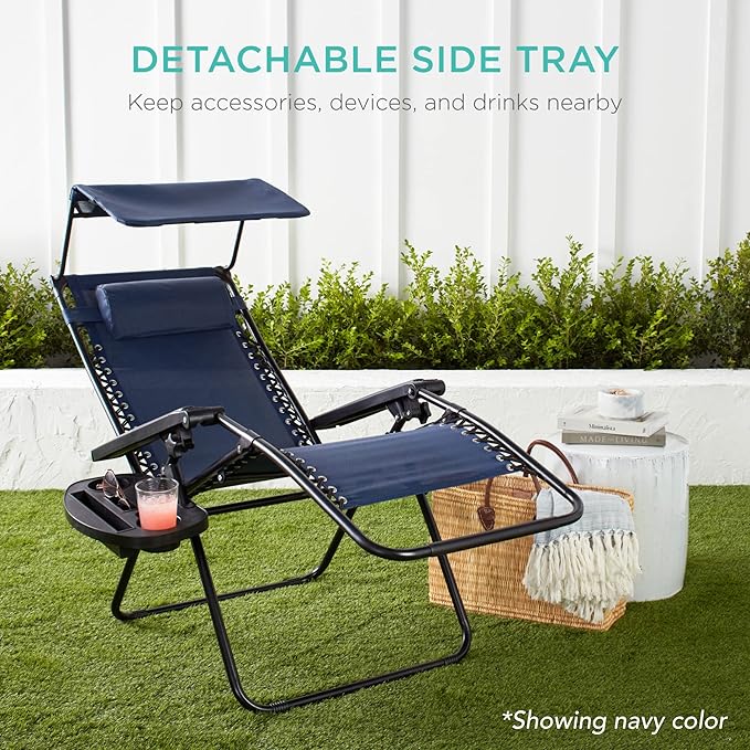 Best Choice Products Folding Zero Gravity Outdoor Recliner Patio Lounge Chair w/Adjustable Canopy Shade, Headrest, Side Accessory Tray, Textilene Mesh - Sand