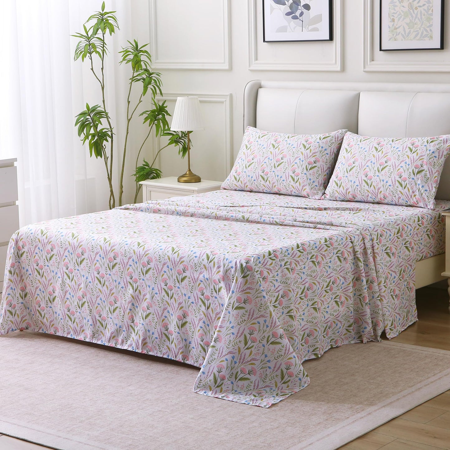 Viviland Floral Twin Sheet Set - 3 Piece Lavender & Blue Bell Pink Cluster Botanical Patterned Bed Sheets - Soft, Breathable Microfiber Sheets with Deep Pocket, Non-Slip Fitted Sheets & Pillowcases