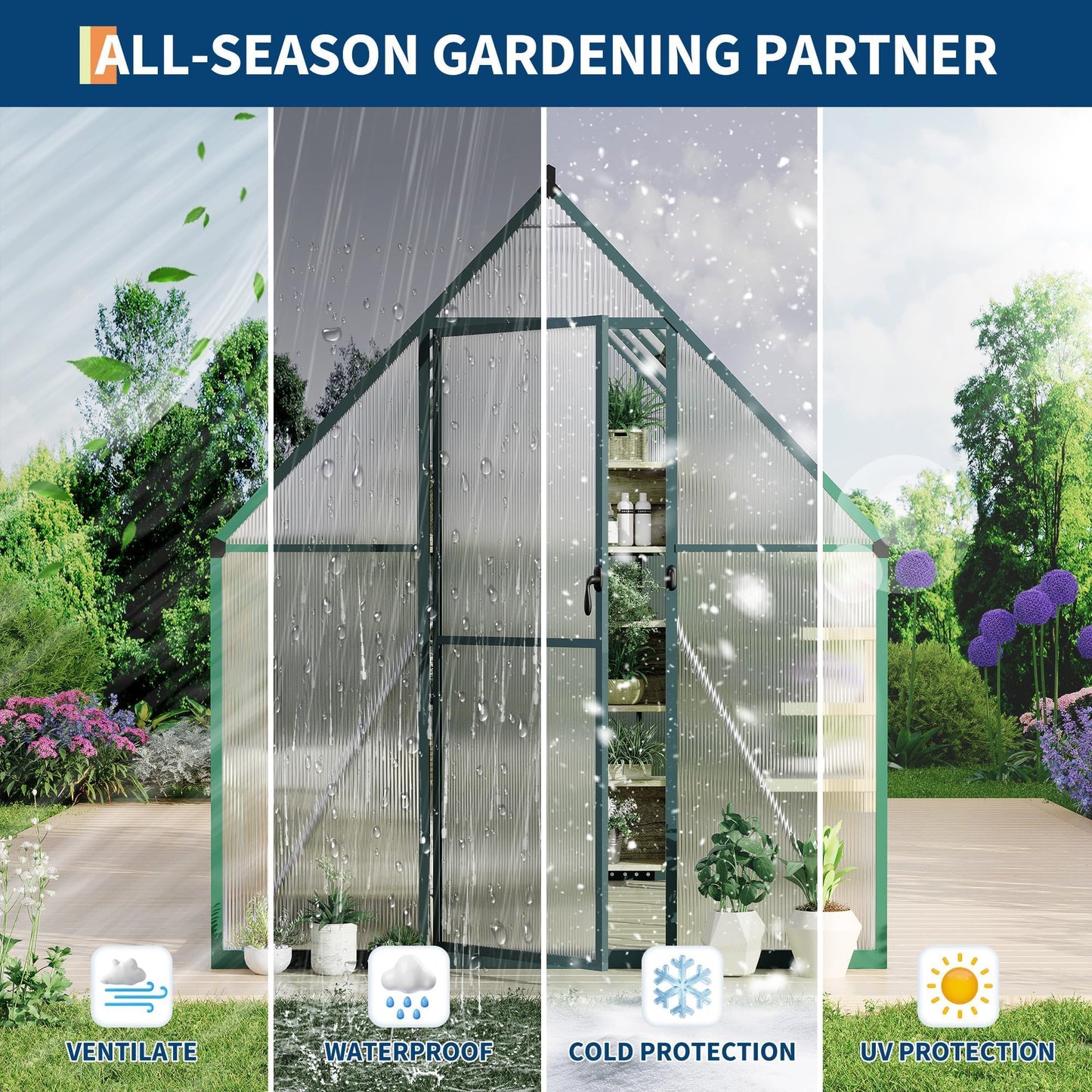 6x7 ft Heavy Duty Polycarbonate Walk-in Greenhouse with Reinforced Aluminum Frame, Adjustable Roof Vent, and UV Protection Panels for Outdoor Backyard Gardening and Year-Round Plant Care