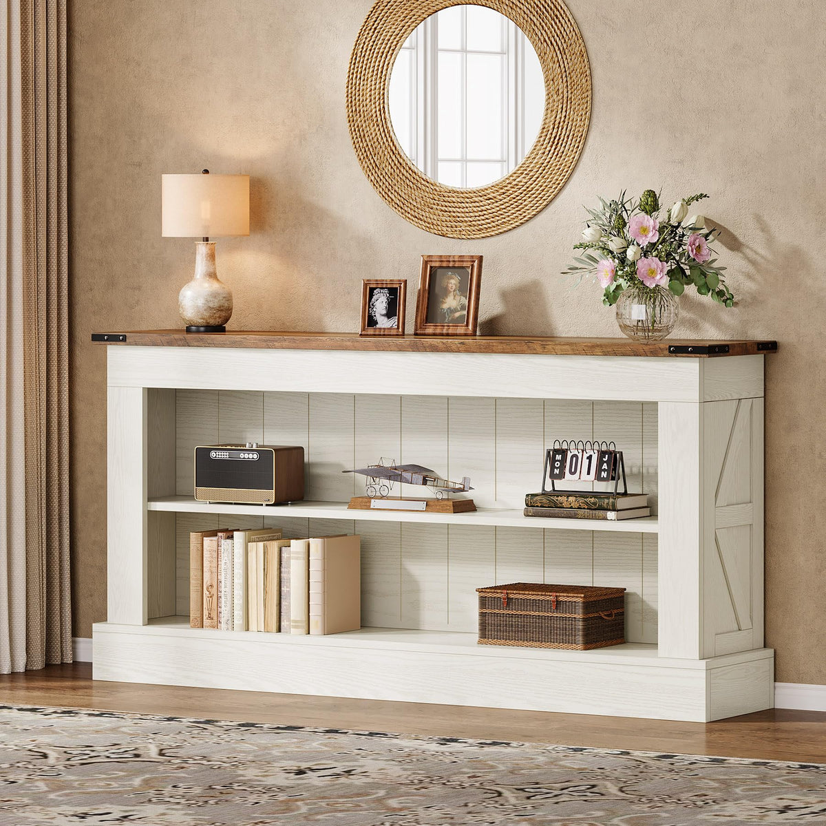 Tribesigns 63-Inch Long Console Table for Entryway, Narrow Long Entry Table with Shelves for Living Room, Farmhouse Sofa Console Behind Couch, for Foyer, Hallway, White and Brown