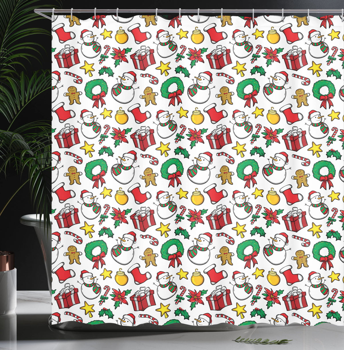 Ambesonne Christmas Shower Curtain, Classical Inspirational Wreath with Candy Cane Snowman Patterns Feast Theme, Cloth Fabric Bathroom Decor Set with Hooks, 69" W x 70" L, Red and White
