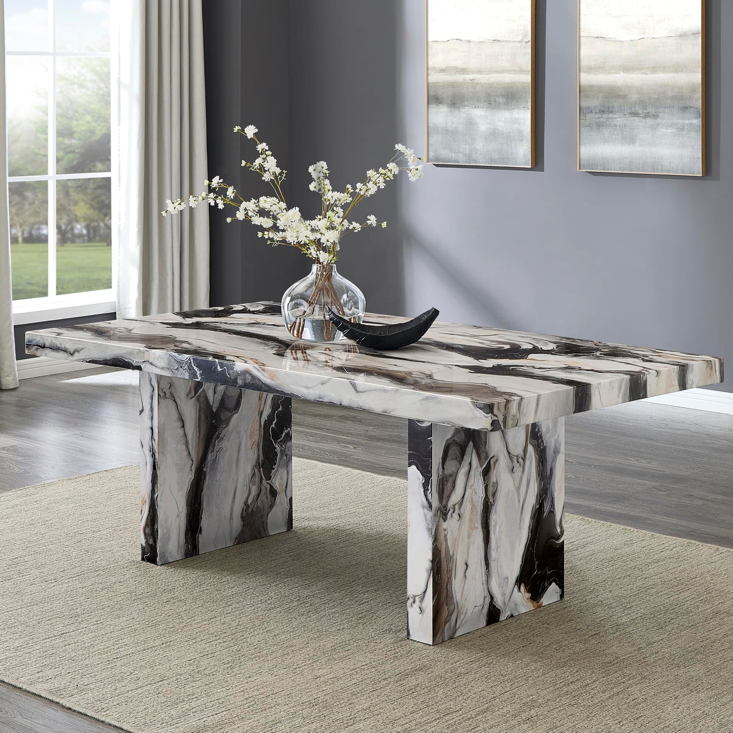 Roundhill Furniture Cavira 6-Piece Modern Faux Marble Dining Set, Double Pedestal Table with 4 Upholstered Chairs and a Bench