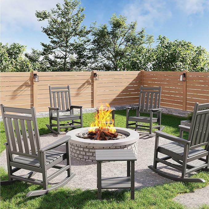 HDPE Rocking Chair Outdoor Set of 4 with 2 Side Table - Poly High Back Porch Rocker Chairs for Adults - All Weather Resistant Furniture for Patio Front Porch - Gray