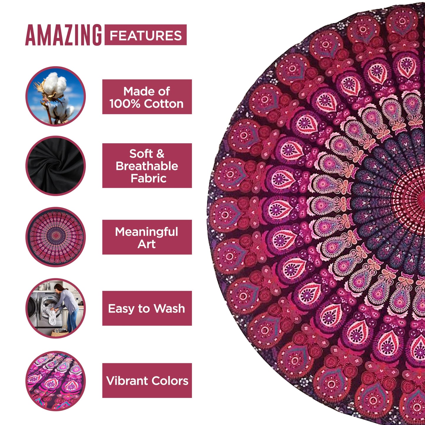 raajsee Purple Round Beach Tapestry Hippie/Boho Beach Blanket Mandala/Indian Cotton Throw - Round Tablecloth/Home Decor/Indie Rug Yoga Mat Meditation Picnic Rugs 178 CM / 70 INCHE Circle