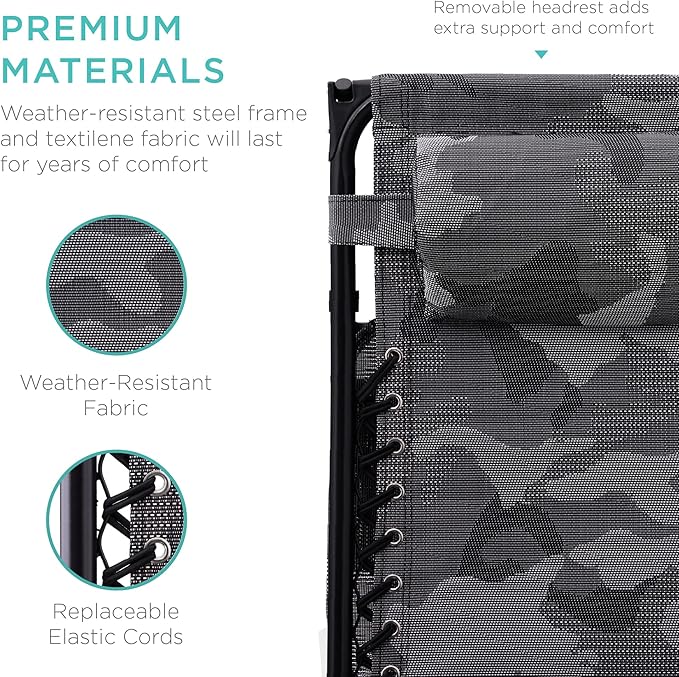 Best Choice Products Folding Zero Gravity Outdoor Recliner Patio Lounge Chair w/Adjustable Canopy Shade, Headrest, Side Accessory Tray, Textilene Mesh - Camouflage
