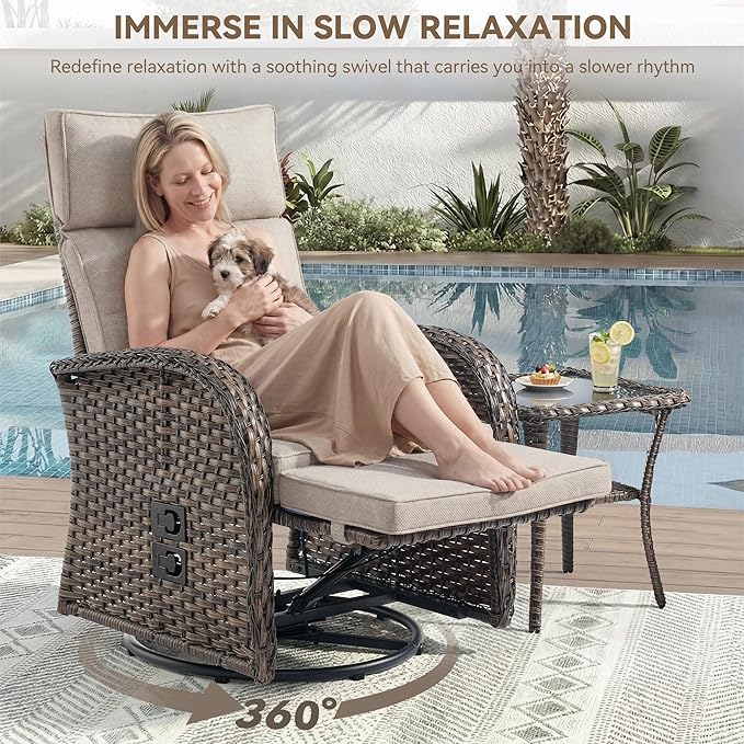 Zero Gravity Patio Swivel Rocking Recliner Chairs Set of 2 - Wicker Outdoor Lounge Chair with Adjustable Backrest & Footrest, All Weather Reclining Rocker Chairs with Thick Cushion for Pool Deck Beige