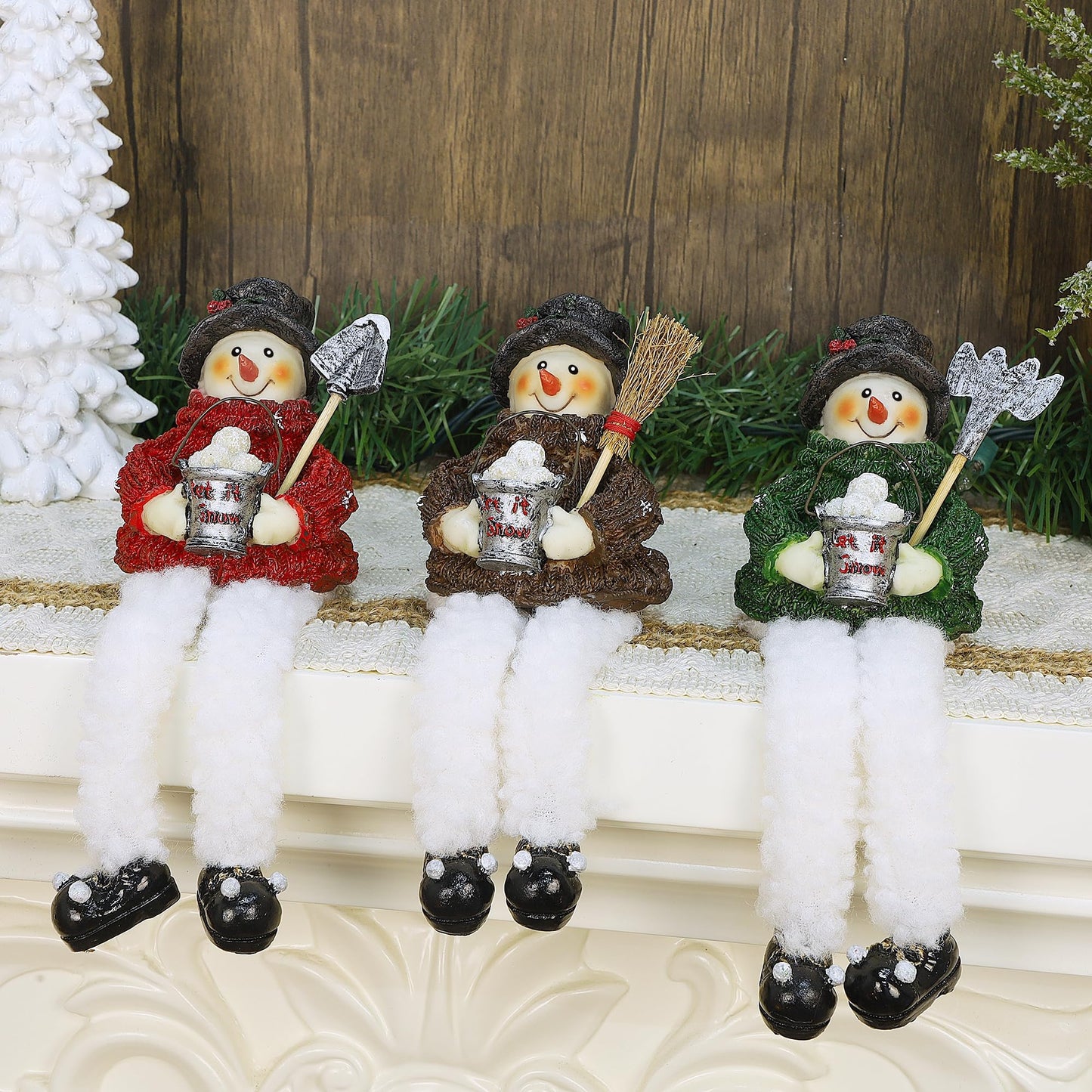 Lulu Home Christmas Snowman Decorations - 3 Pack Resin Snowman Shelf Sitters with Plush Dangling Legs for Winter Xmas Tabletop Mantel Fireplace Home Holiday Decor