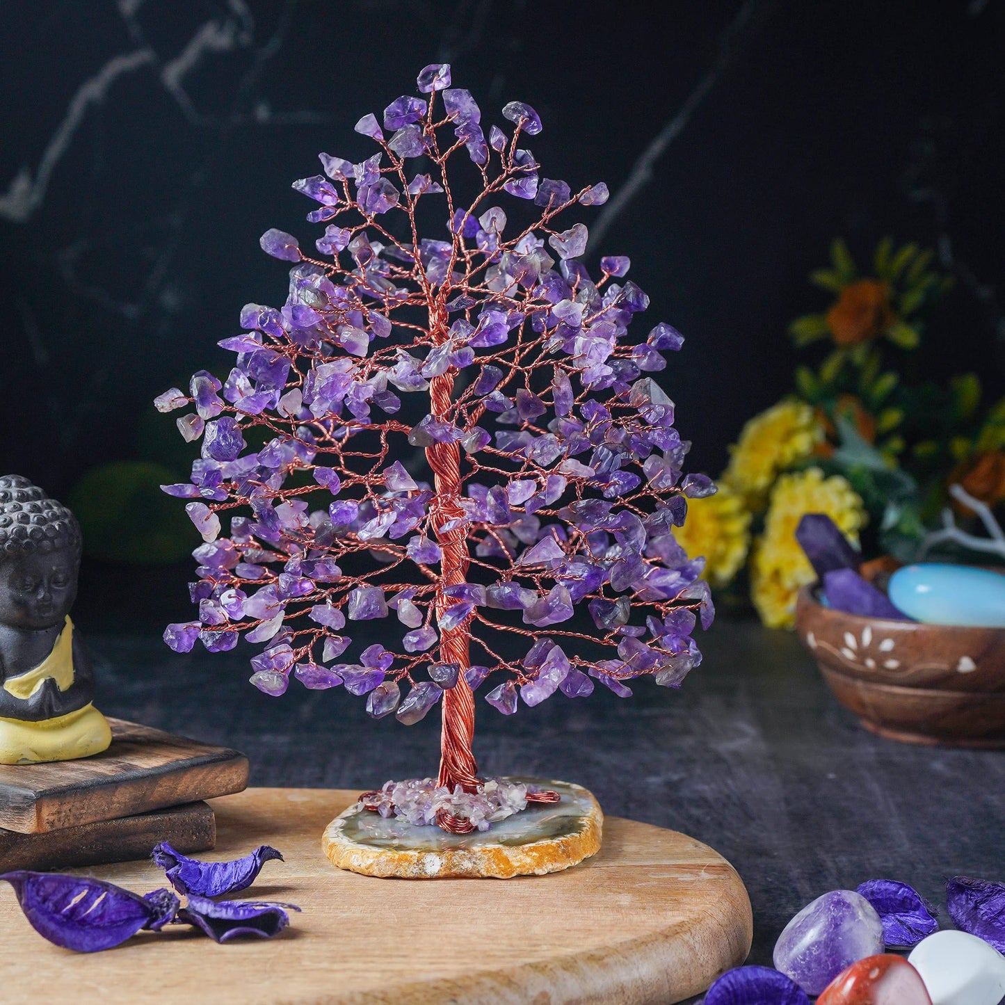 Crocon® Amethyst Crystal Wire Tree with Agate Slice Base - Home Decoration, Crystal Gifts, Birthday Gifts for Women & Men, Wedding, Anniversary, House Warming Gift for Her, Mum, Sister & Grandma