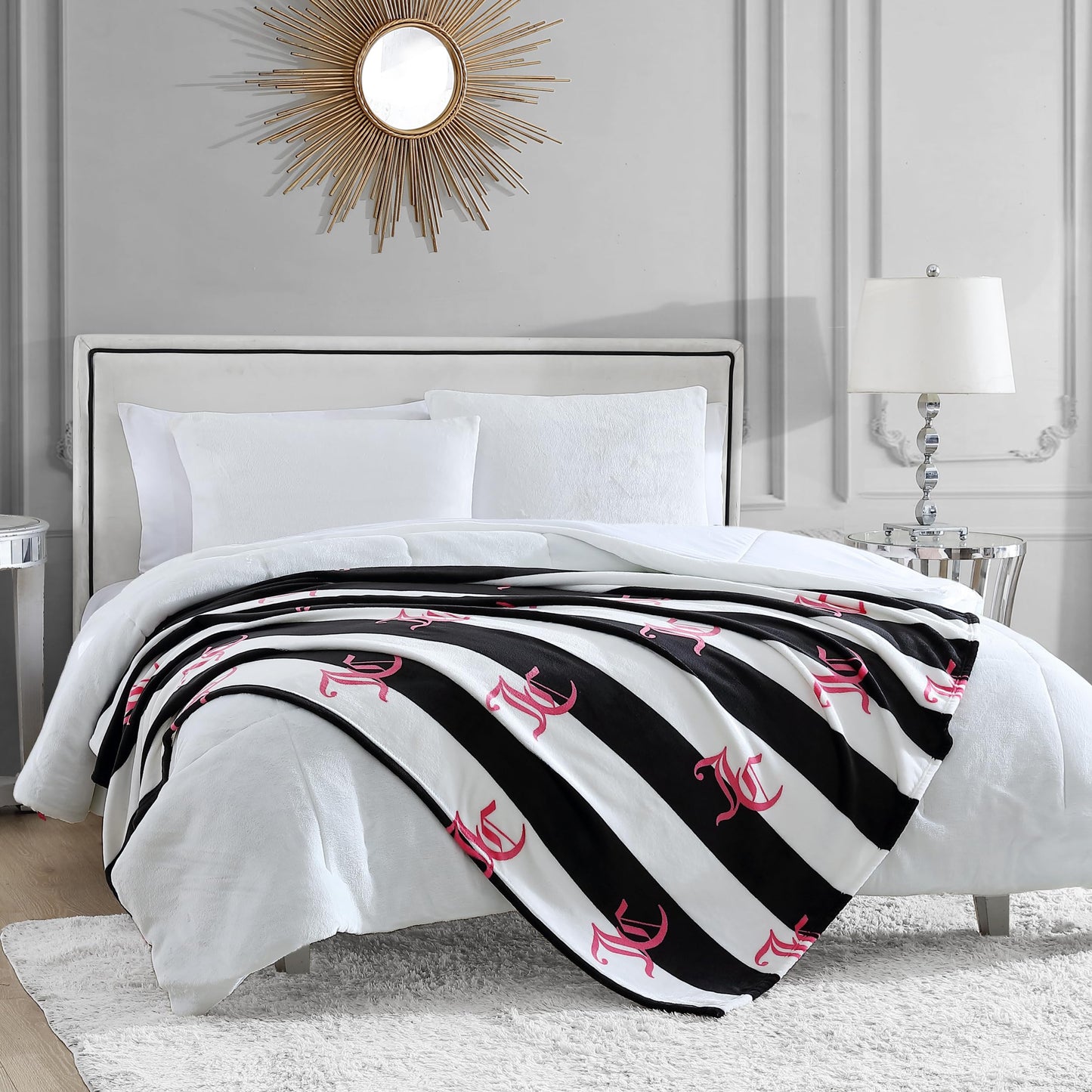 Juicy Couture Cabana Plush Black Striped 50"X70" Fuzzy Throw Blanket - Luxurious Microfiber Plush Blanket for Ultimate Comfort and Cozy Warmth