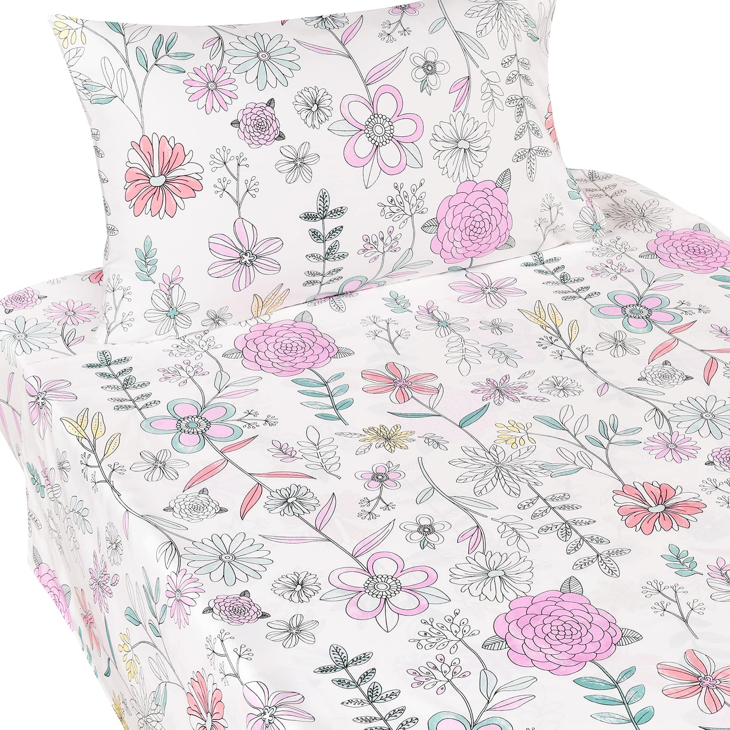 J-pinno Painting Flower Plant Floral Botanic Cute Cozy Fun Twin Sheet Set for Kids Girls Children 100% Cotton Flat Sheet + Fitted Sheet + Pillowcase Bedding Set (Flower, Twin)