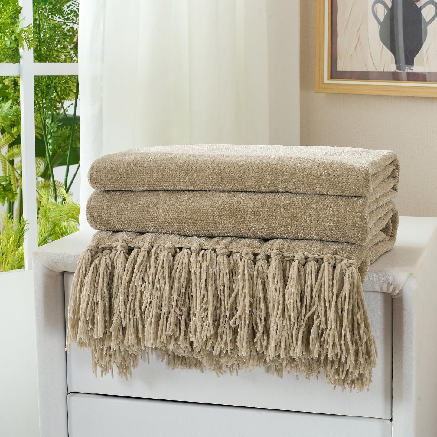 GINAMUSE Chenille Throw Blanket for Couch with Tassels,50"X60" Soft Cozy Lightweight Knitted Boho Decorative Blankets for Bed and Sofa,Taupe