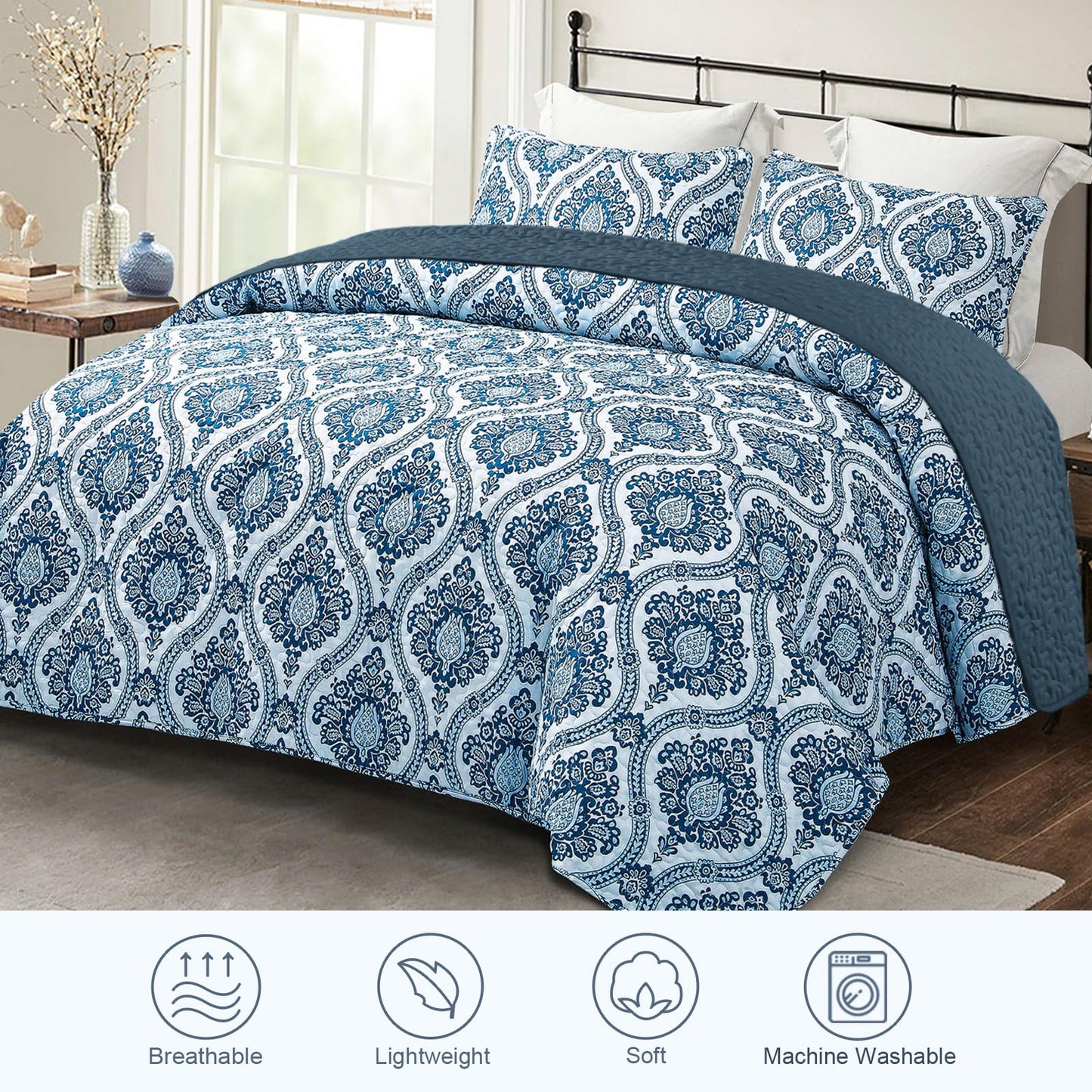 Exclusivo Mezcla Reversible Boho Quilts Queen Size, Blue Soft Bedspreads Lightweight Coverlet All Season Damask Quilt Bedding Set with Printed Floral Pattern (1 Quilt, 2 Pillow Shams)