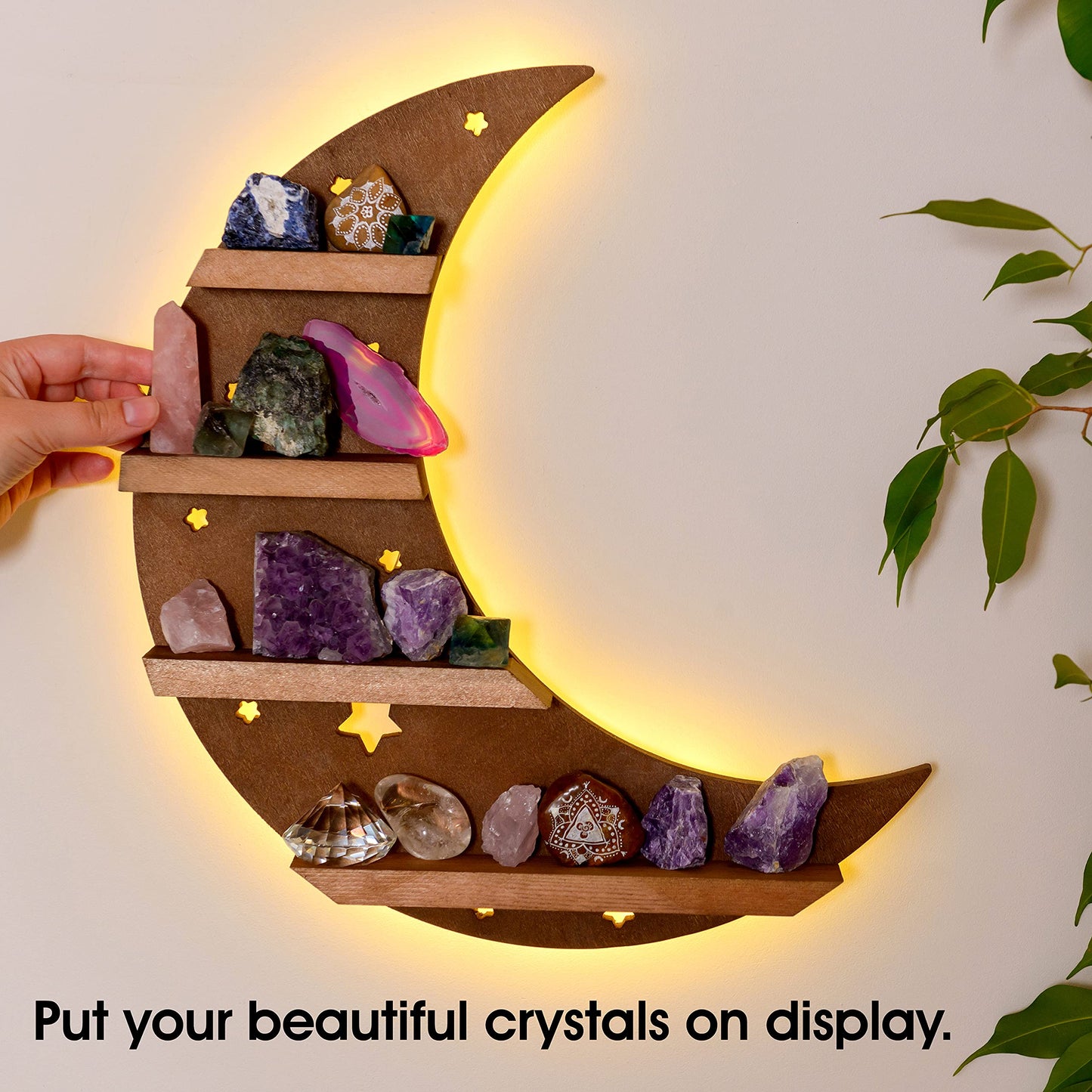Curawood Crescent Moon Shelf with LED Lights - 15.7" Crystal Display Shelf for Wall - Crystal Holder for Stones - Moon and Stars Wall Decor - Rock Display Case, Witchy Altar Trinket Organizer